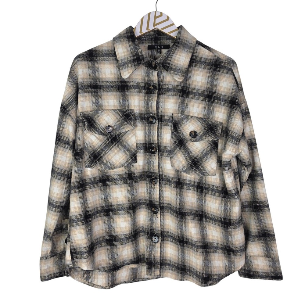 E & M Shirt Womens Medium Beige Plaid Flannel Button Up Cotton Long Sleeve Top